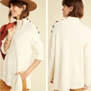 Anthropologie Margarita Tunic Cream IVORY Button-shoulder accent‎ sweater XS